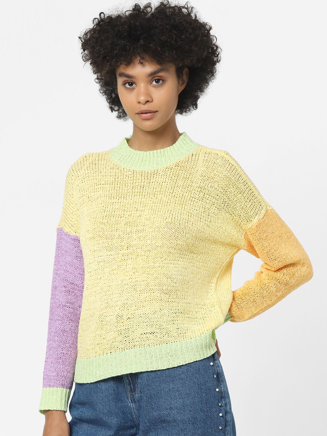 ONLY Women Yellow & Purple Colourblocked Pullover Sweater Price in India