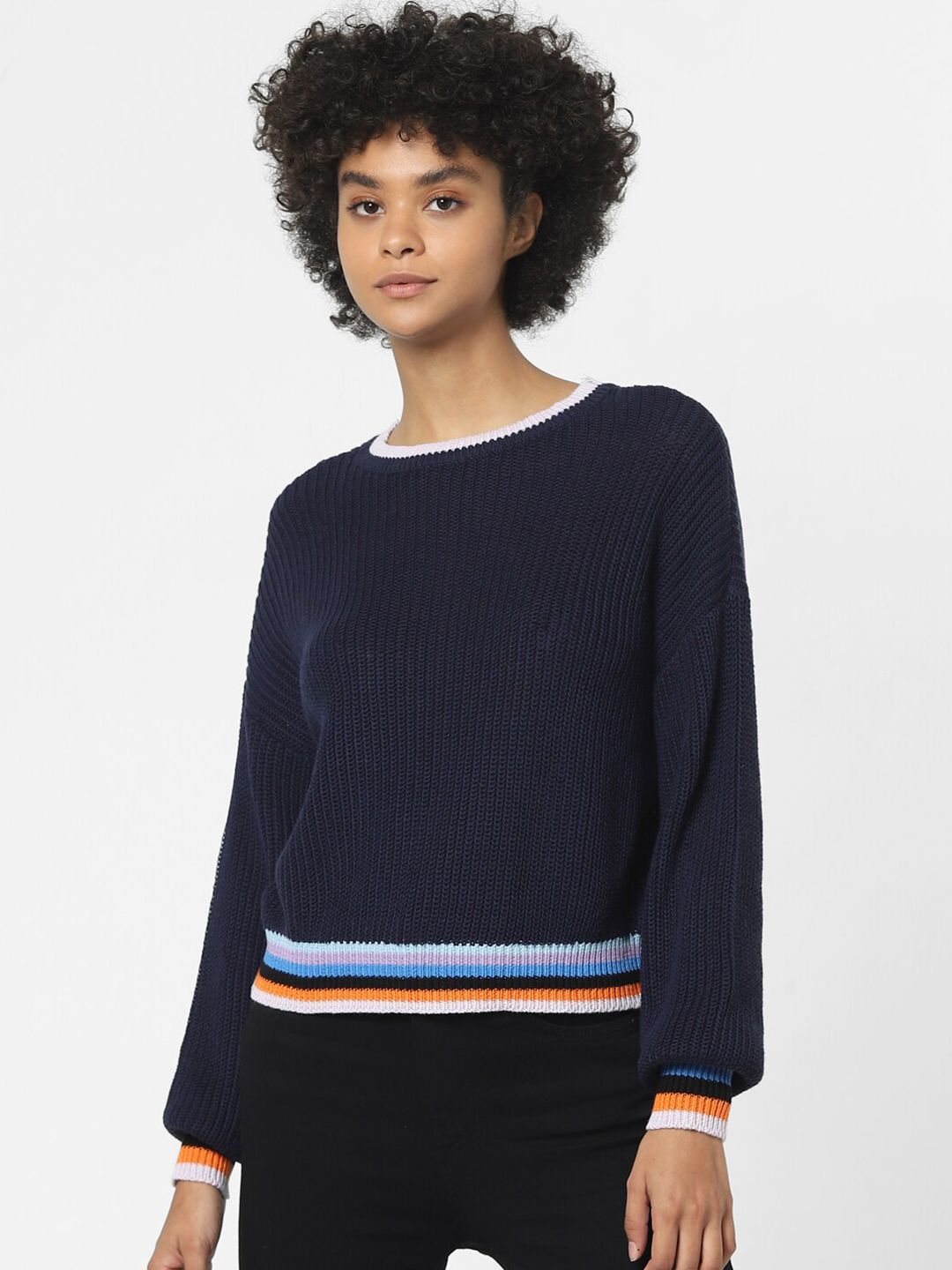 ONLY Women Blue & Orange Striped Pullover Price in India