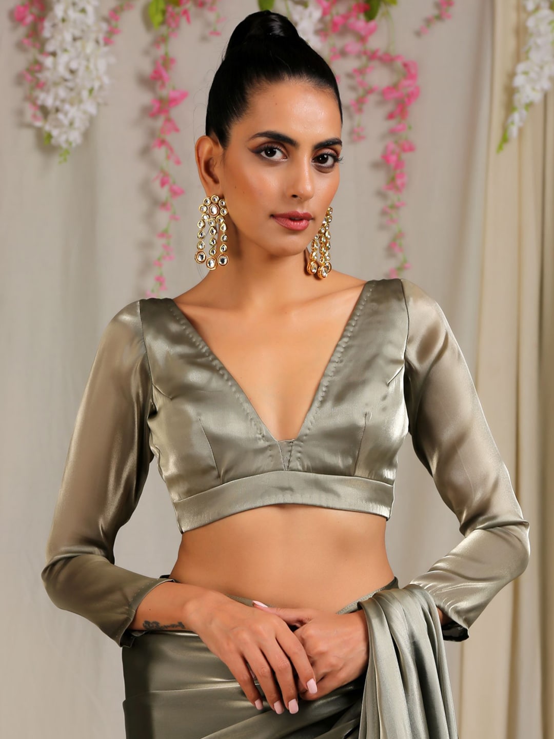 Swtantra Women Grey Solid Deep V Neck Saree Blouse Price in India