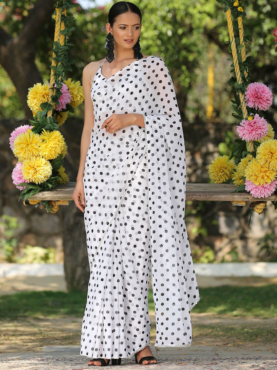 Swtantra White & Black  Women Polka Dot Printed Saree Blouse Price in India