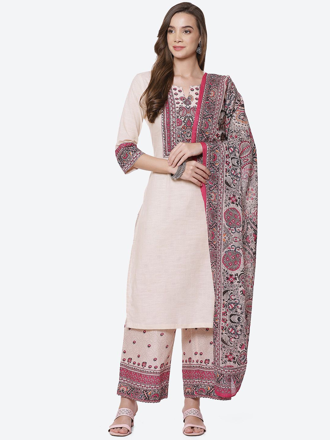 Biba Women CreamFloral Yoke D sign Thread Work Kurta with Palazzo & With Dupatta Price in India