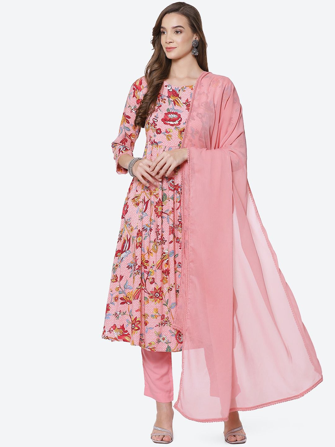 Biba Women Pink Floral Printed Kurta with Trouser & Dupatta Price in India