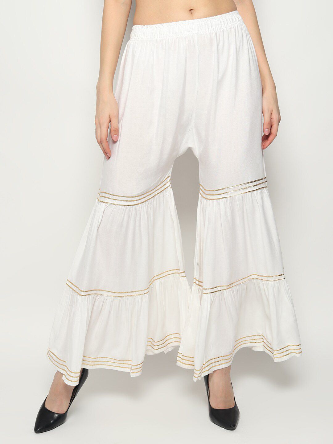 KEX Women White & Gold-Toned Embellished Flared Lace Palazzos