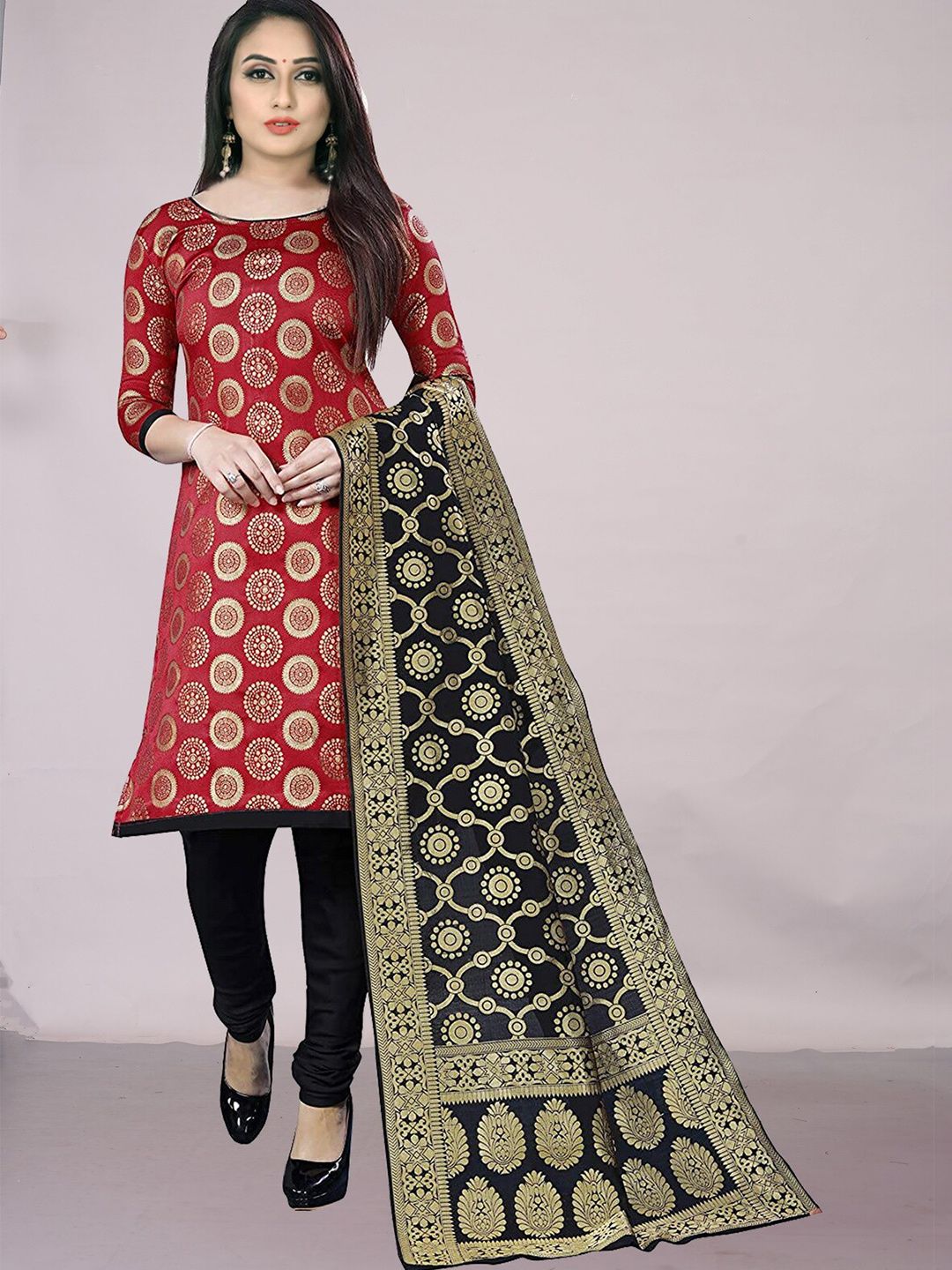 Ekta Textiles Red & Black Unstitched Dress Material Price in India