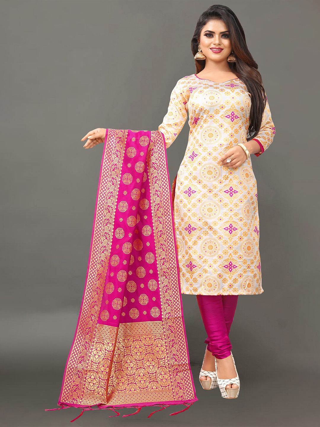 Ekta Textiles White & Pink Unstitched Dress Material Price in India