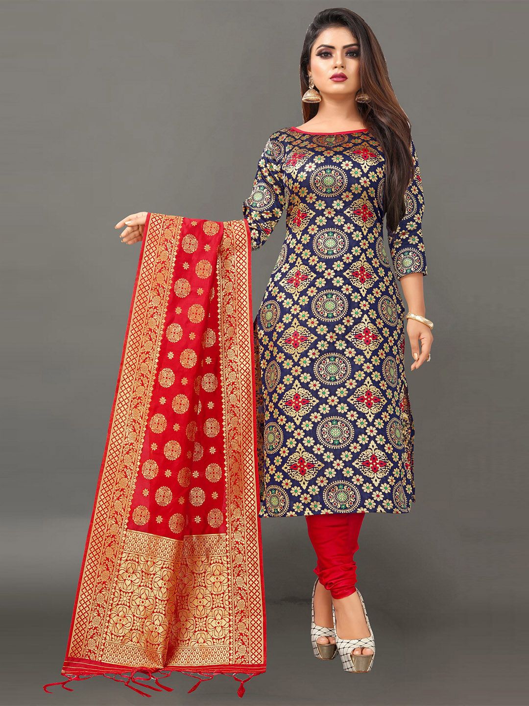 Ekta Textiles Navy Blue & Red Unstitched Dress Material Price in India