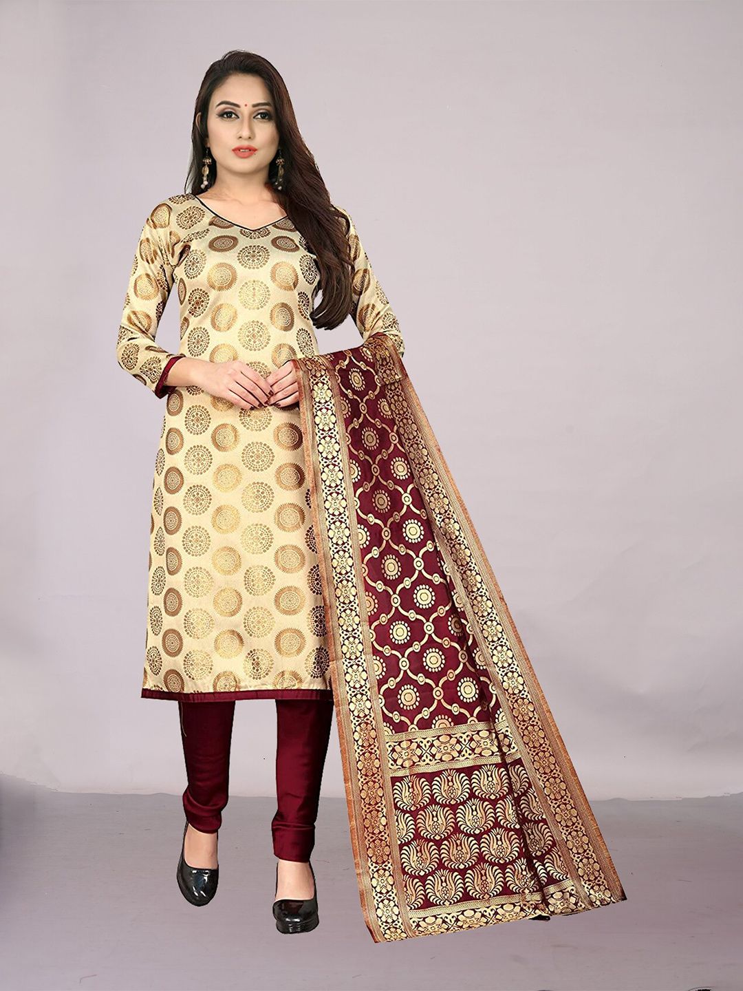 Ekta Textiles Beige & Maroon Unstitched Dress Material Price in India