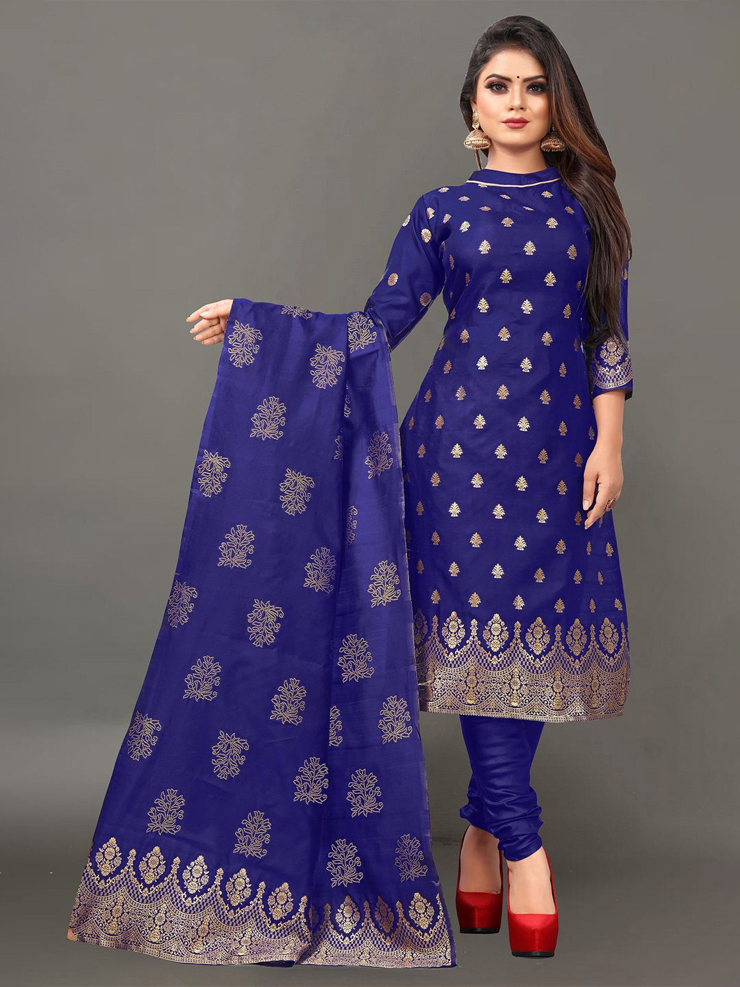 Ekta Textiles Blue & Gold-Toned Unstitched Dress Material Price in India