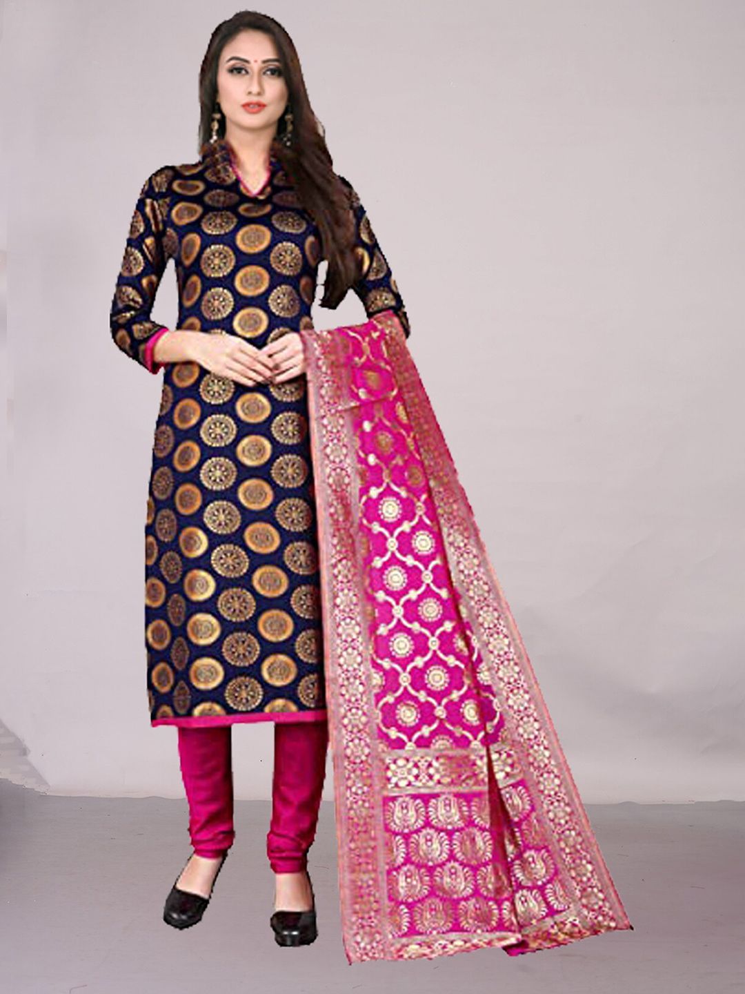 Ekta Textiles Navy Blue & Magenta Unstitched Dress Material Price in India