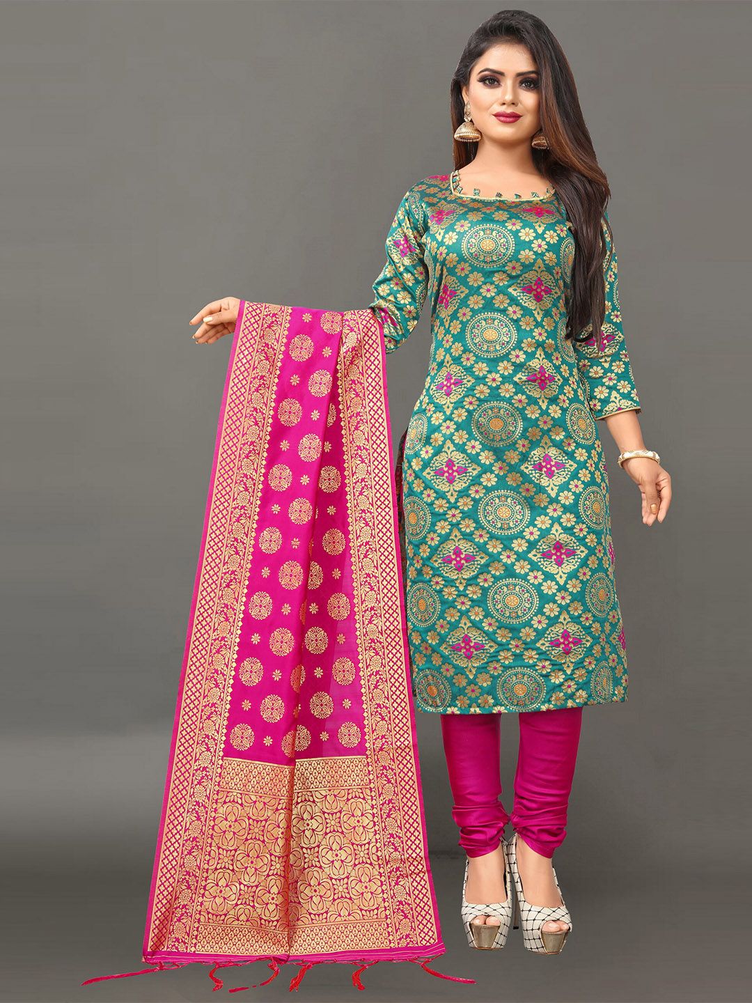 Ekta Textiles Sea Green & Pink Unstitched Dress Material Price in India