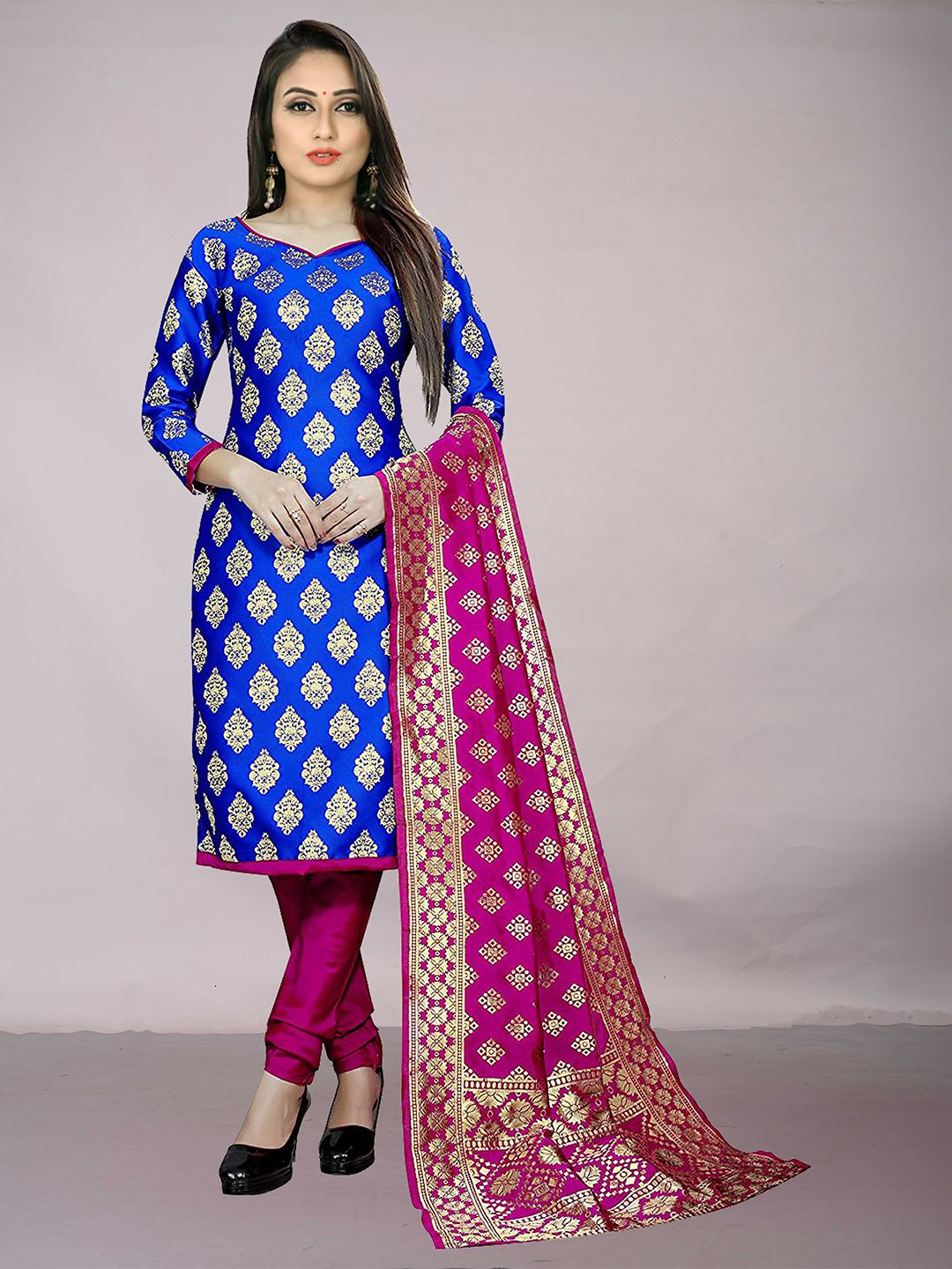 Ekta Textiles Blue & Pink Unstitched Dress Material Price in India