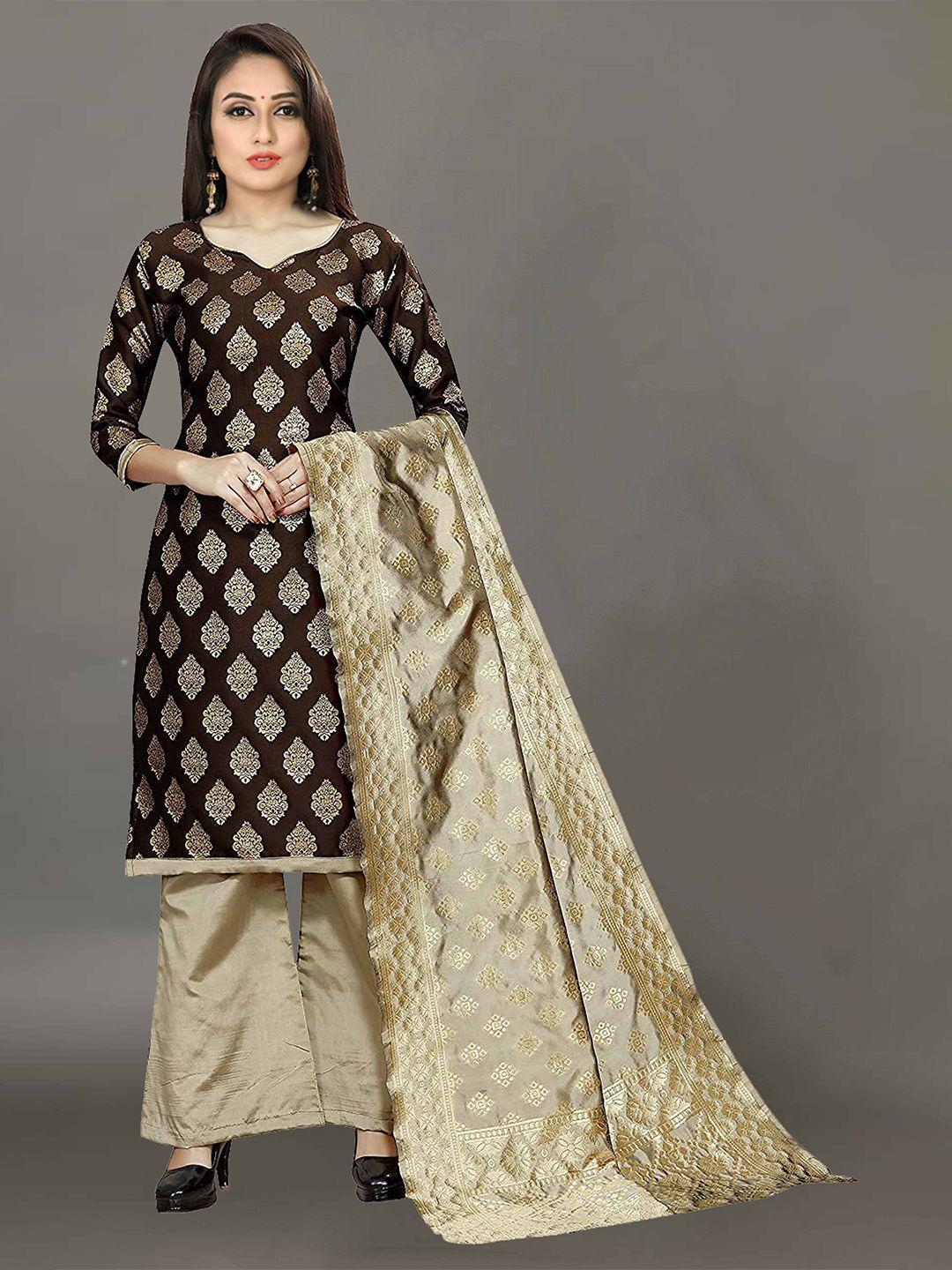 Ekta Textiles Coffee Brown & Beige Unstitched Dress Material Price in India