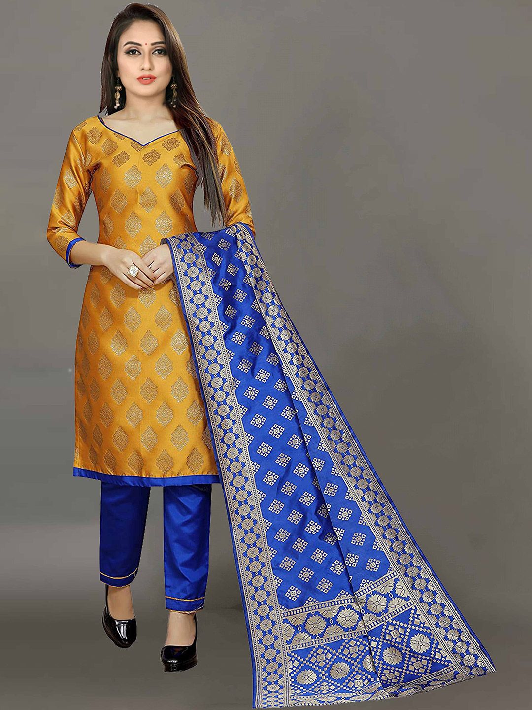 Ekta Textiles Yellow & Gold-Toned Unstitched Dress Material Price in India