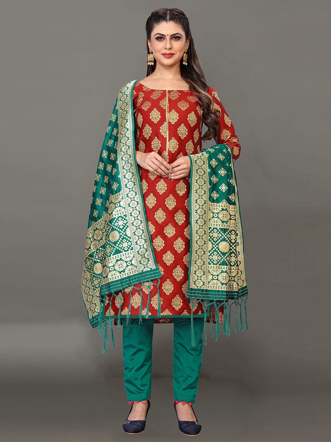 Ekta Textiles Maroon & Green Unstitched Dress Material Price in India