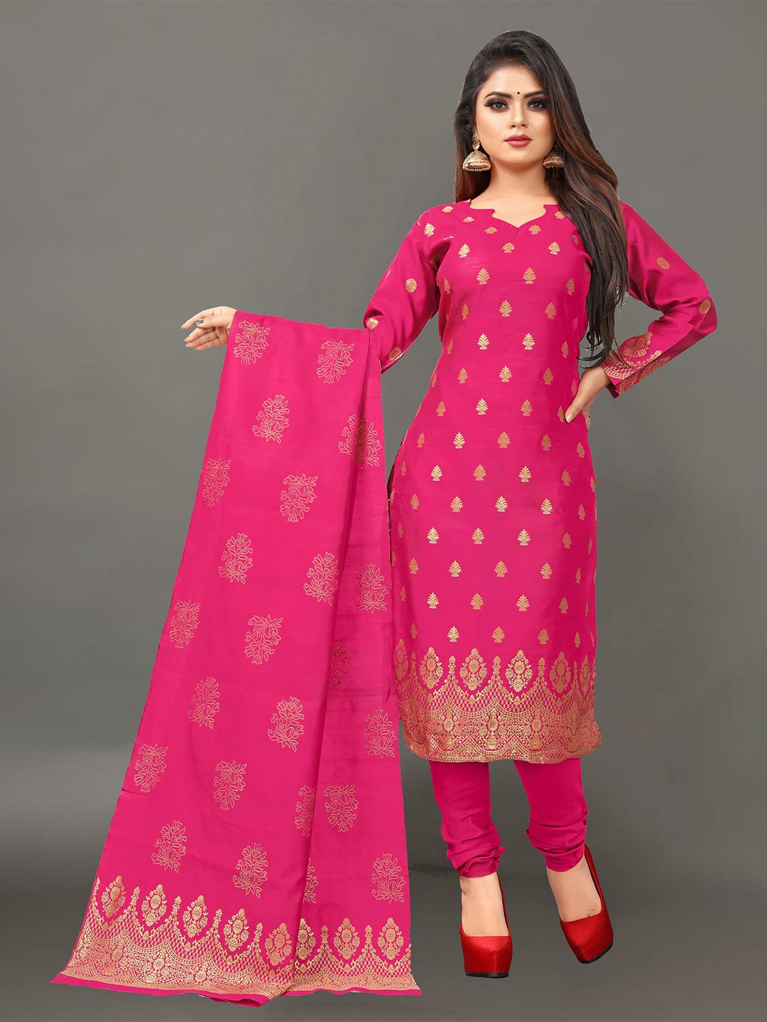 Ekta Textiles Pink & Gold-Toned Unstitched Banarasi Dress material Price in India