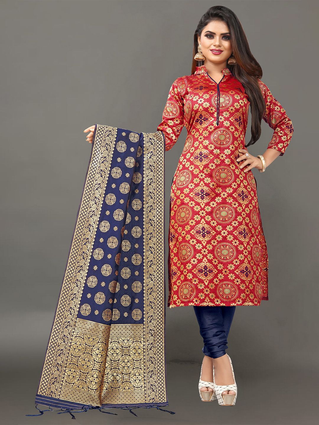 Ekta Textiles Red & Blue Unstitched Dress Material Price in India