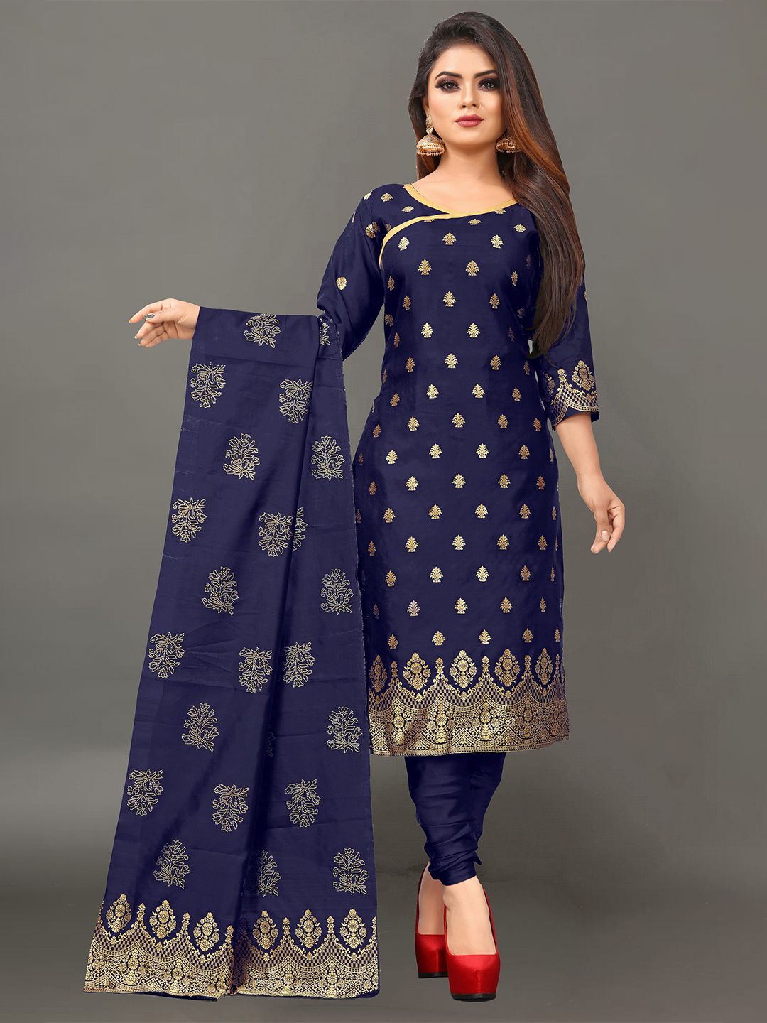 Ekta Textiles Navy Blue & Gold-Toned Unstitched Dress Material Price in India