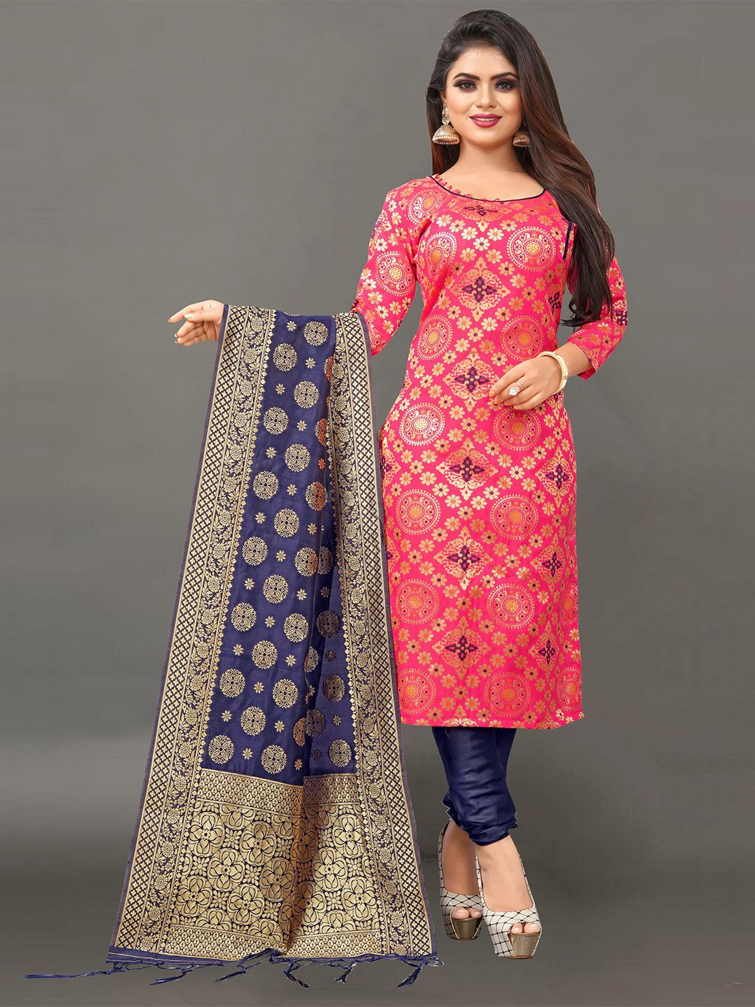 Ekta Textiles Coral & Blue Unstitched Dress Material Price in India