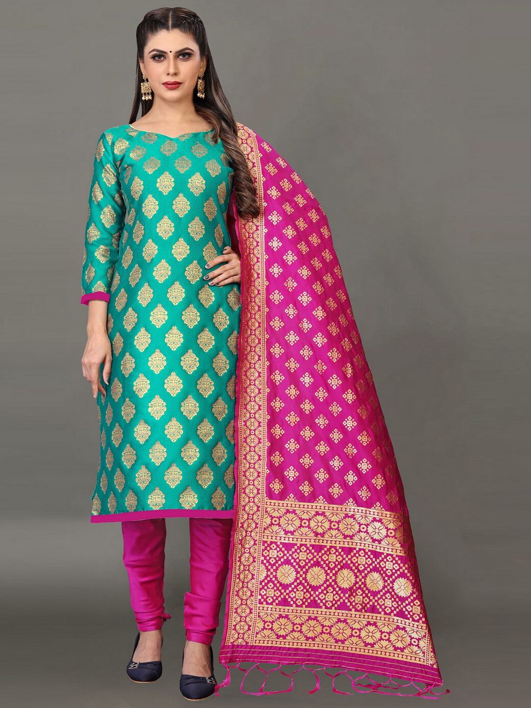 Ekta Textiles Turquoise Blue & Pink Unstitched Dress Material Price in India