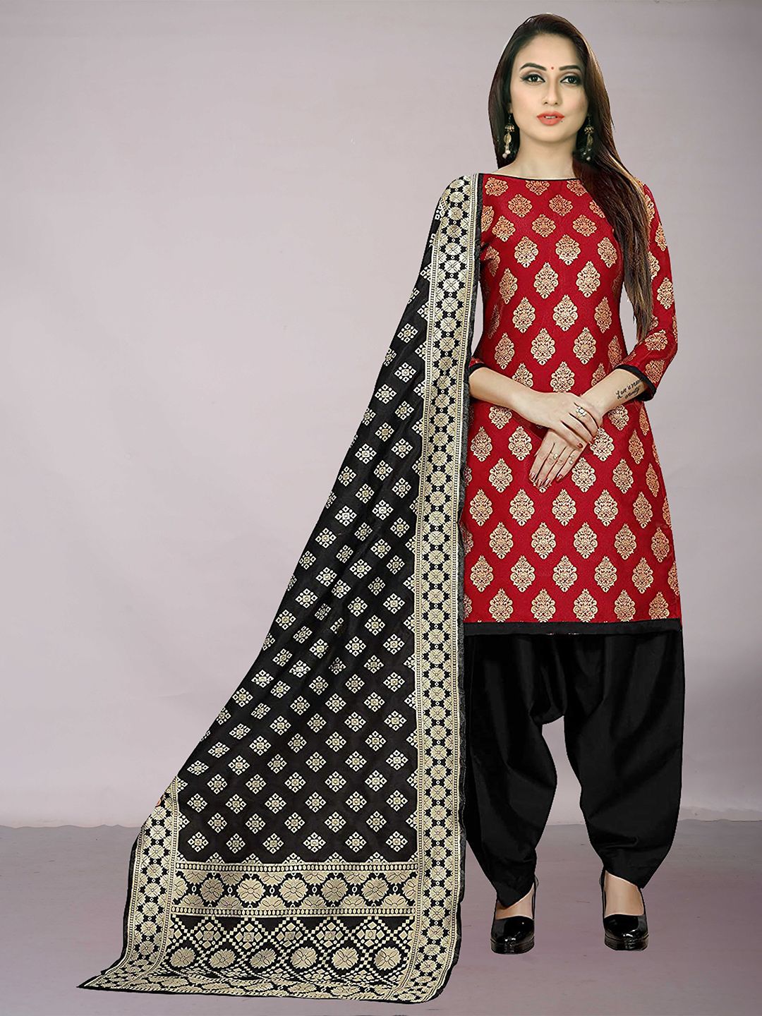 Ekta Textiles Red & Black Unstitched Dress Material Price in India