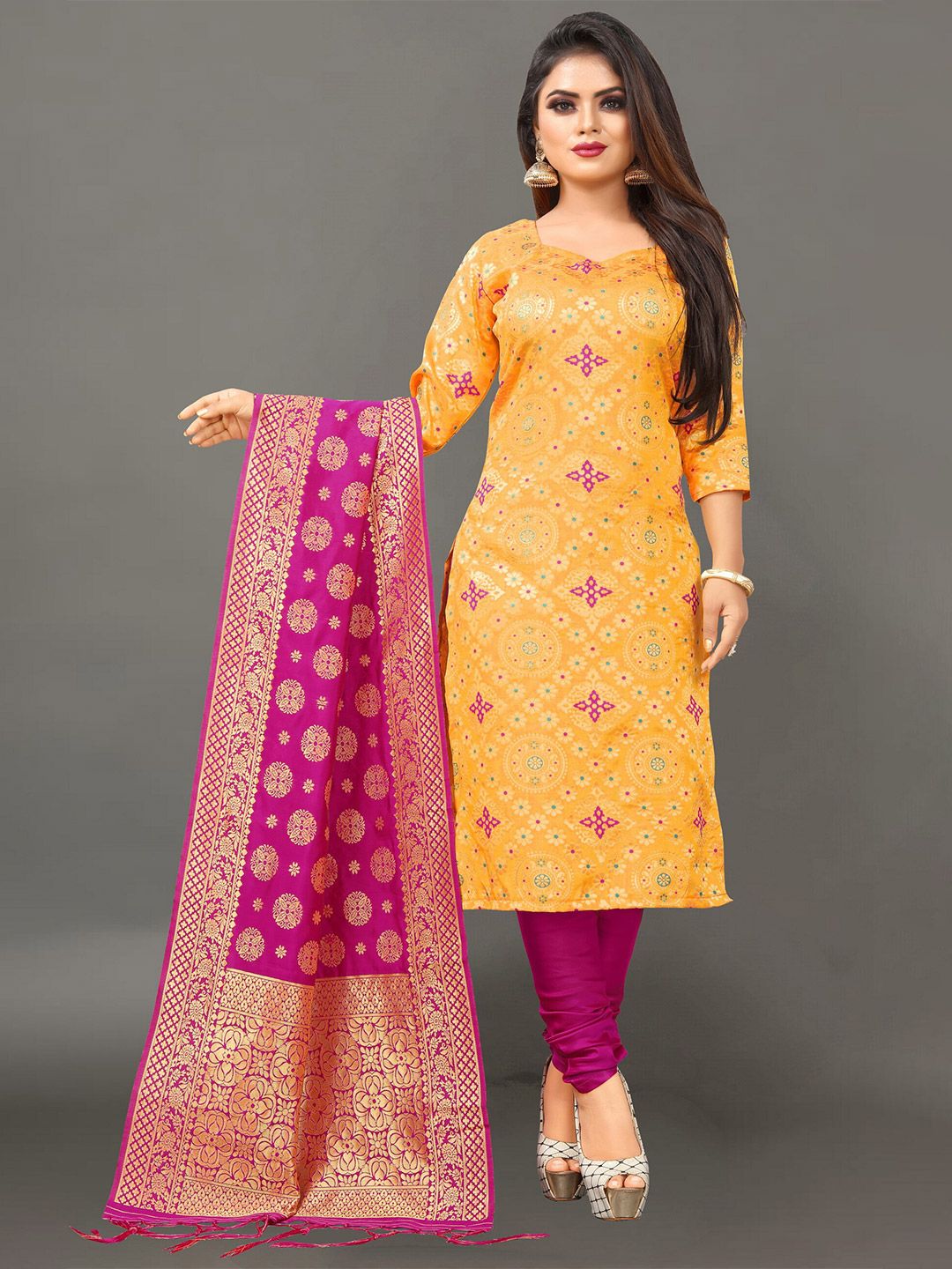 Ekta Textiles Women Yellow & Pink Unstitched Dress Material Price in India
