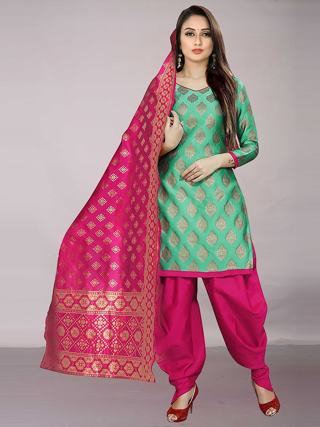 Ekta Textiles Sea Green & Pink Unstitched Dress Material Price in India