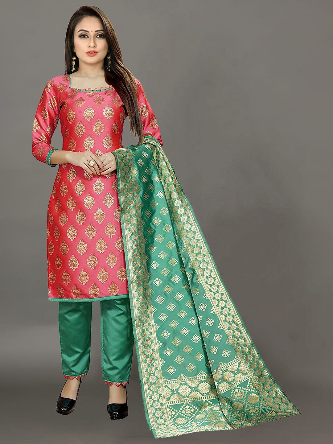 Ekta Women Textiles Coral & Green Unstitched Dress Material Price in India