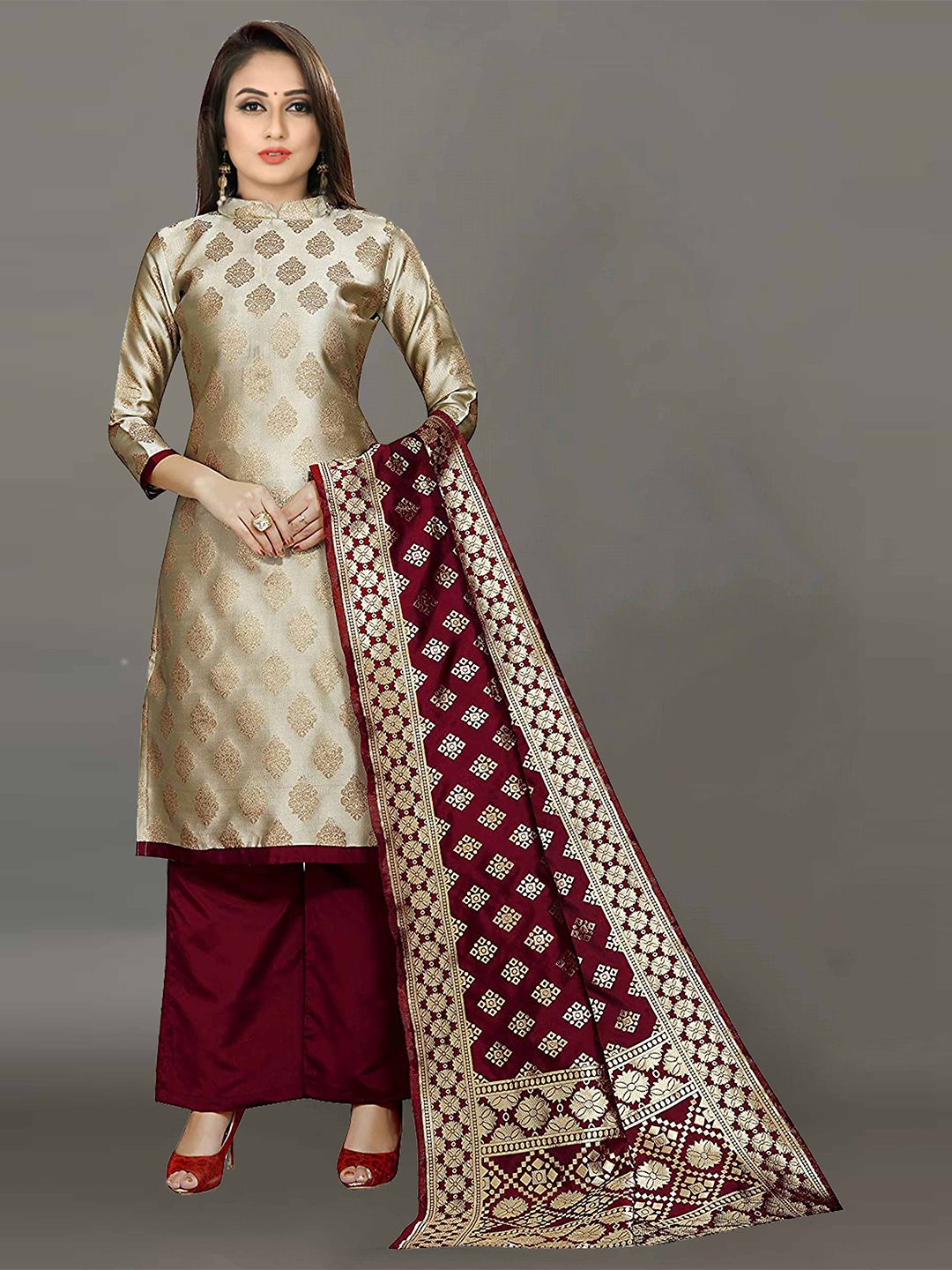 Ekta Textiles Beige & Maroon Unstitched Dress Material Price in India