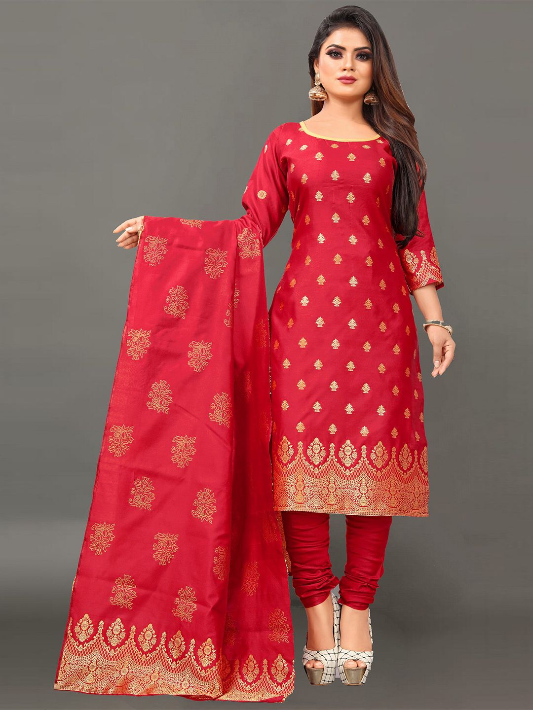 Ekta Textiles Red & Gold-Toned Unstitched Dress Material Price in India