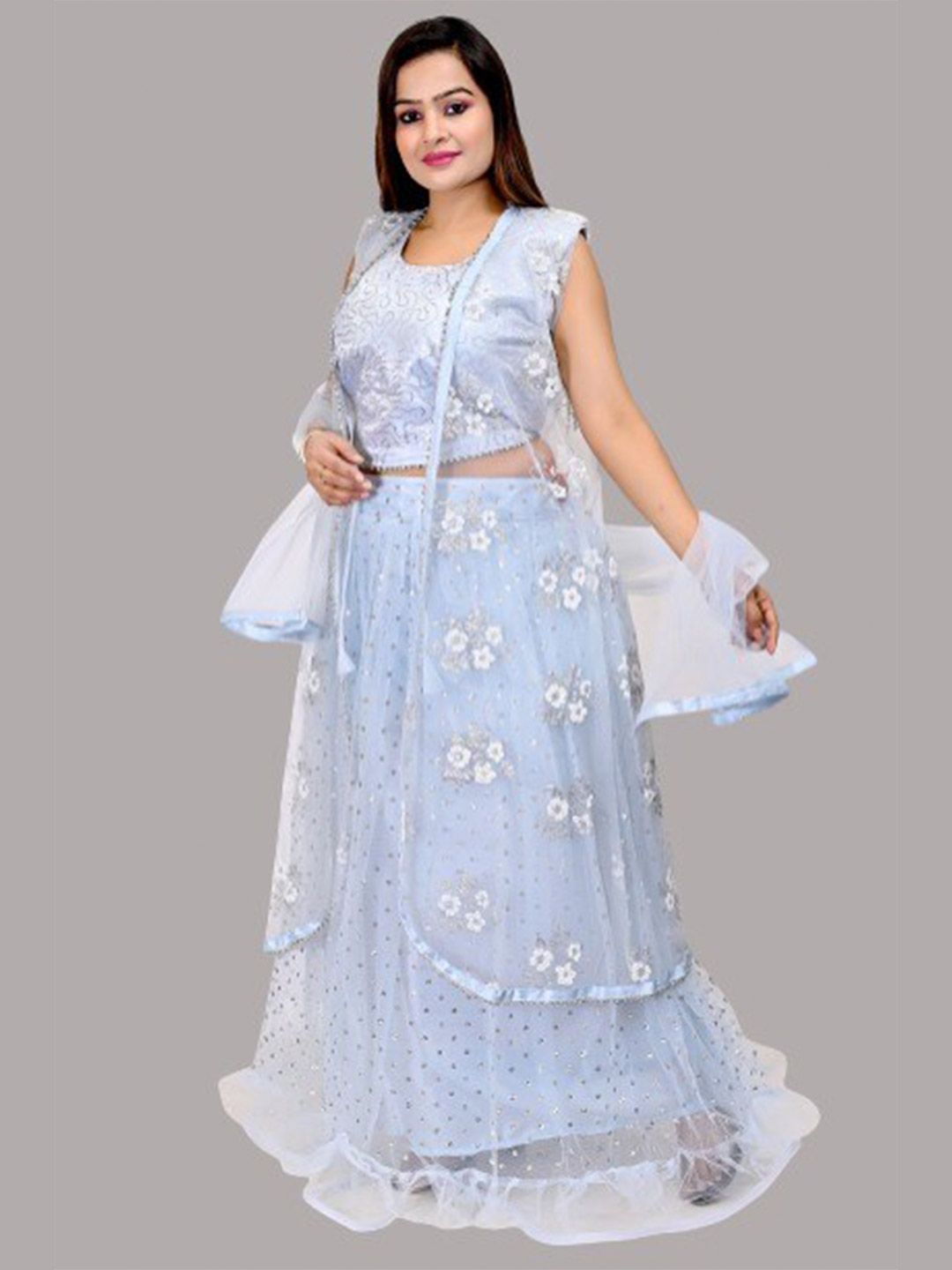 FNOCKS Blue & White Printed Beads and Stones Ready to Wear Lehenga & Blouse With Dupatta Price in India