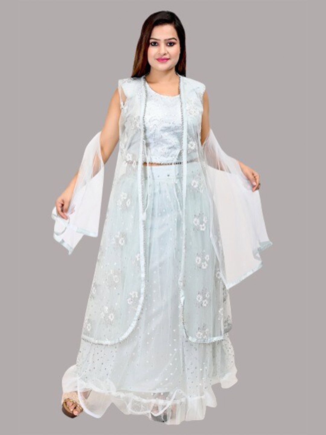 FNOCKS Women Green & Silver-Toned Ready to Wear Lehenga & Blouse With Dupatta Price in India
