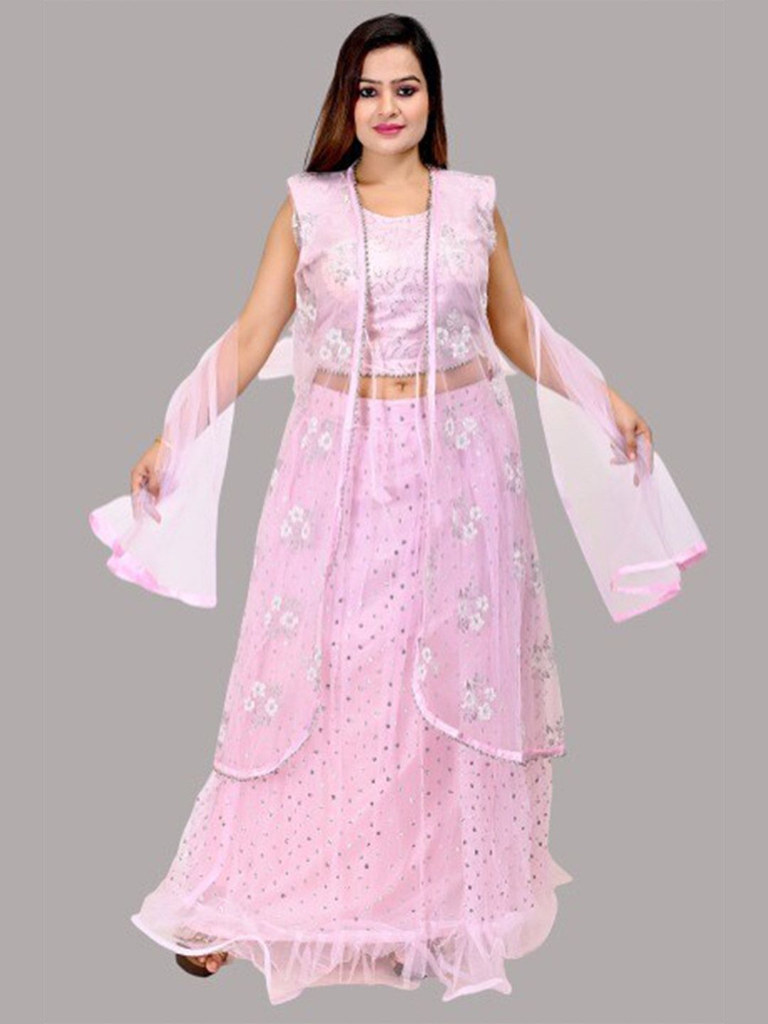 FNOCKS Pink & Silver-Toned Embellished Ready to Wear Lehenga & Blouse With Dupatta Price in India