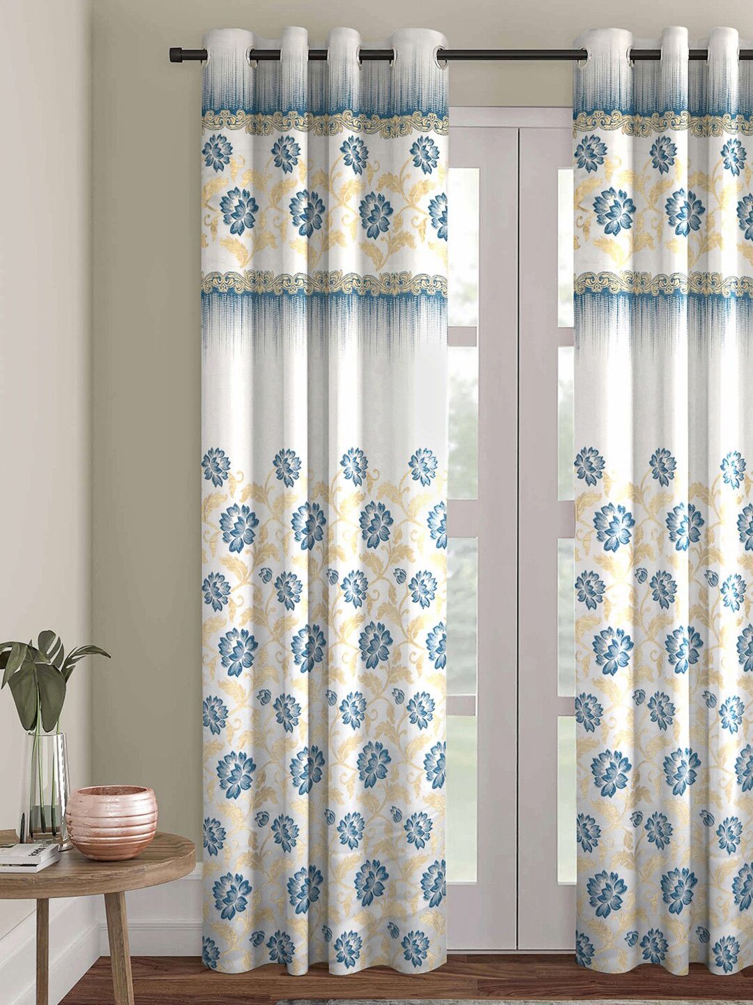 ROMEE White & Blue Set of 2 Floral Room Darkening Door Curtain Price in India