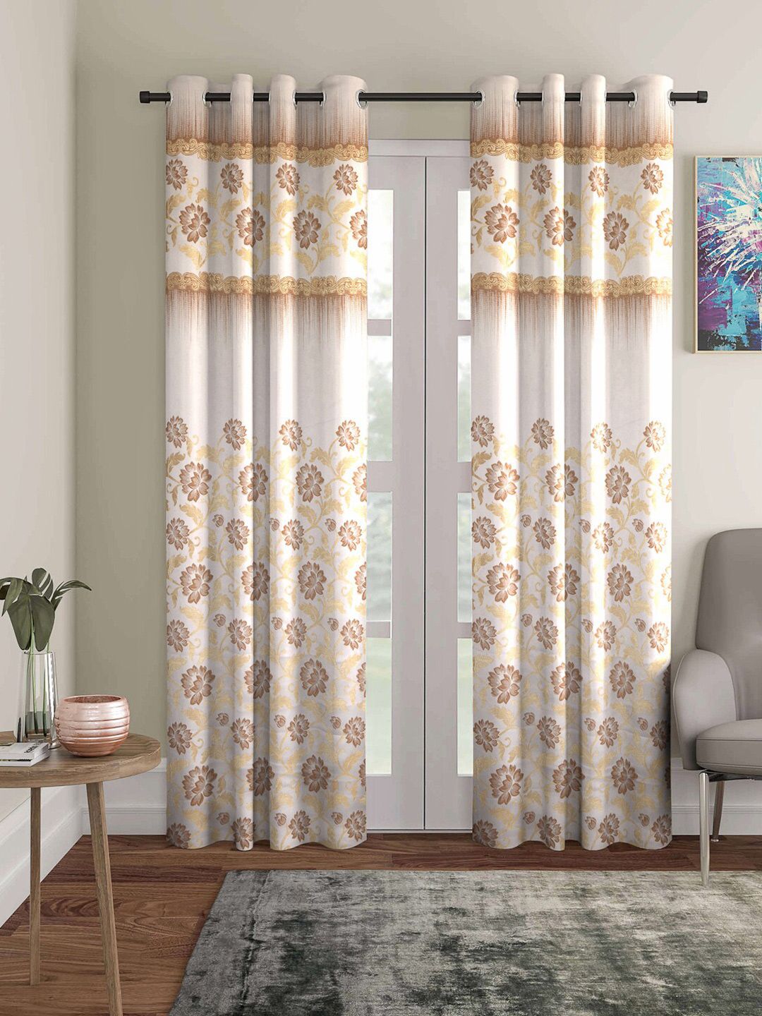 ROMEE White & Beige Set of 2 Floral Room Darkening Door Curtain Price in India