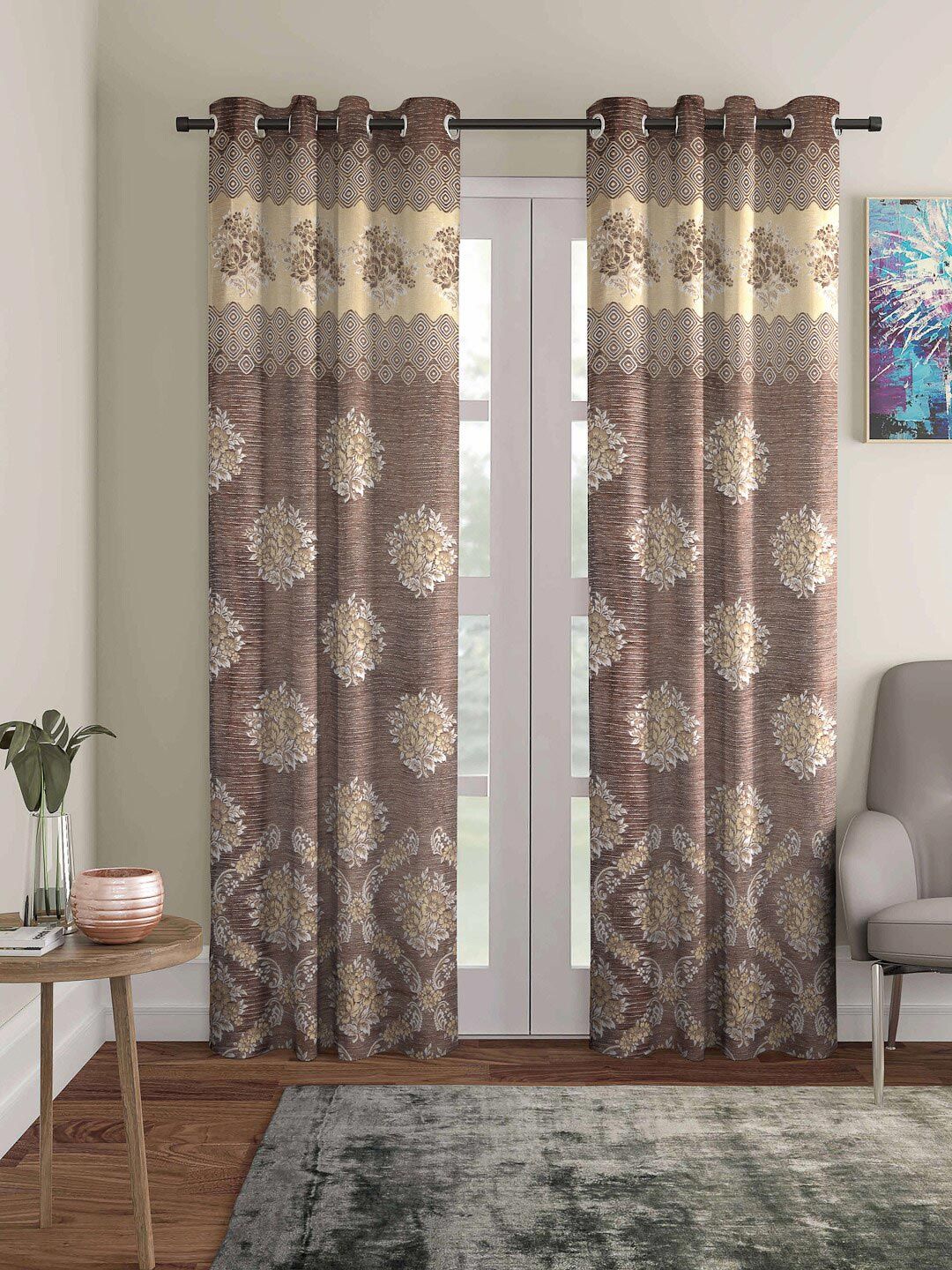 ROMEE Brown & White Set of 2 Floral Room Darkening Door Curtain Price in India