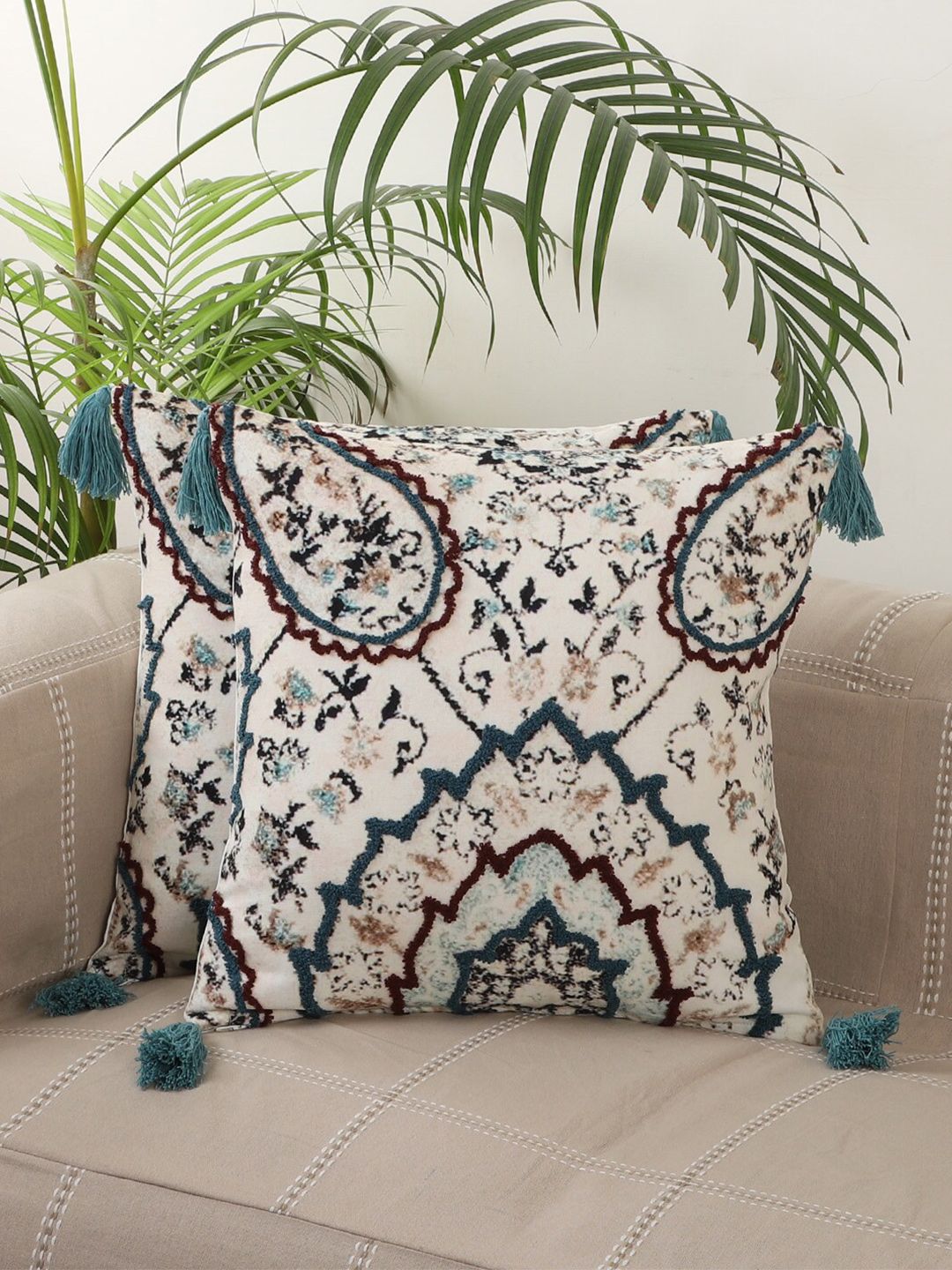 Jamio Firati Off White & Blue Set of 5 Embroidered Rectangle Cushion Covers Price in India