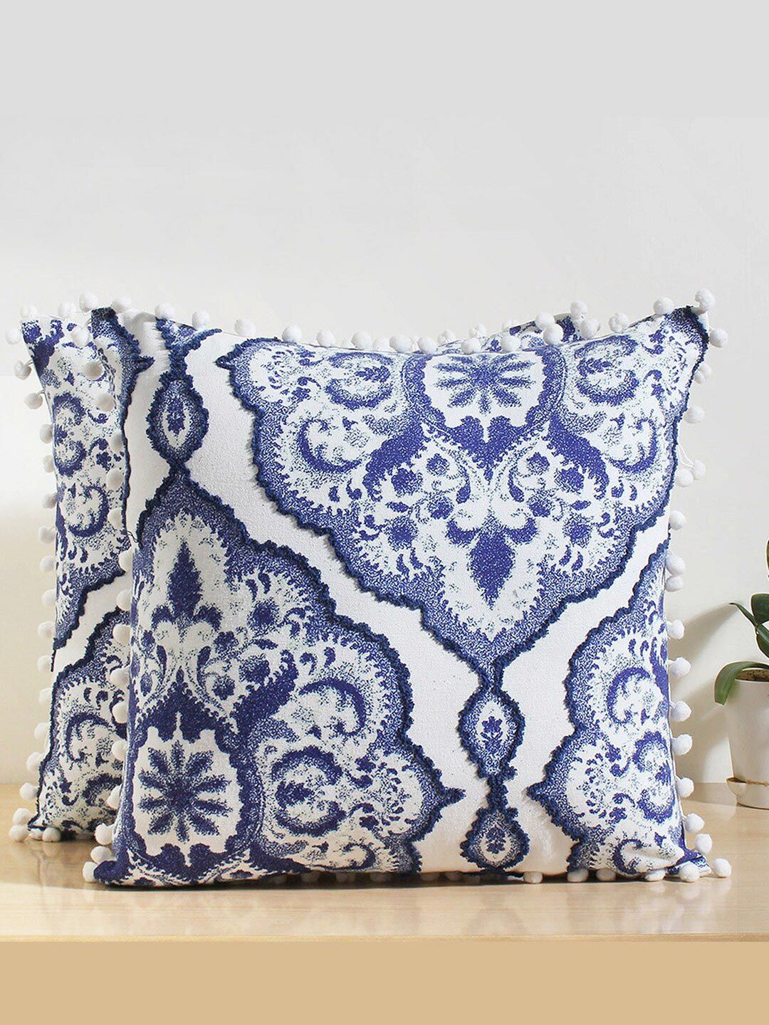 Jamio Firati Blue & White Set of 2 Embroidered Square Cushion Covers Price in India