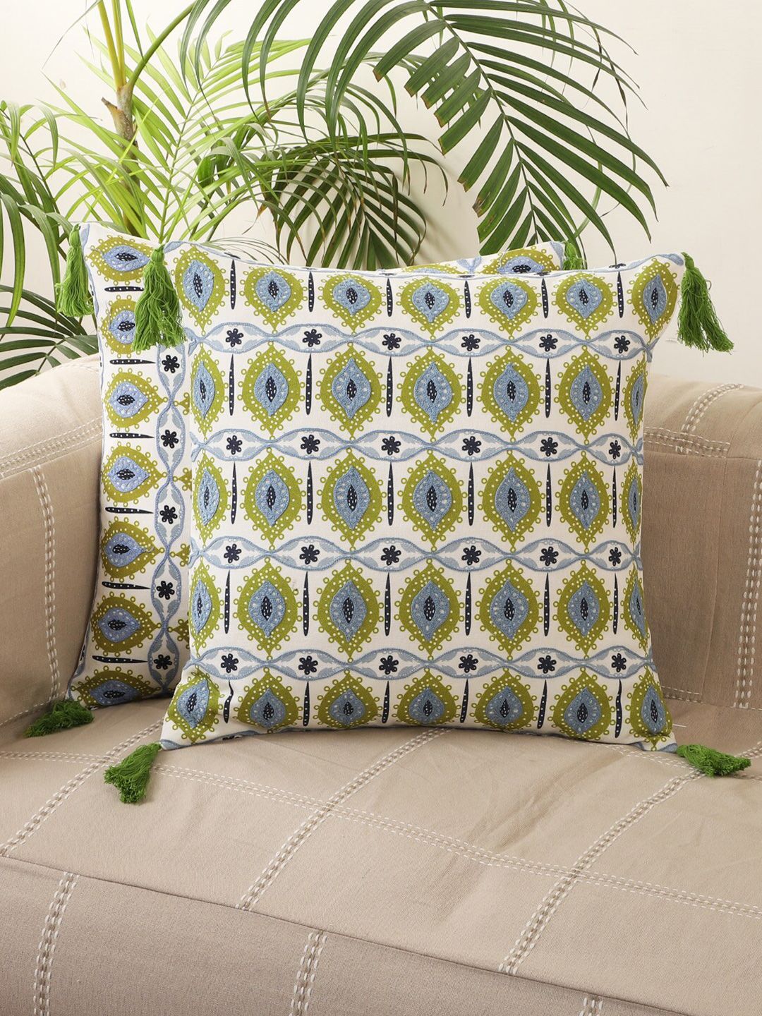 Jamio Firati Green & Blue Set of 2 Embroidered Square Cushion Covers Price in India