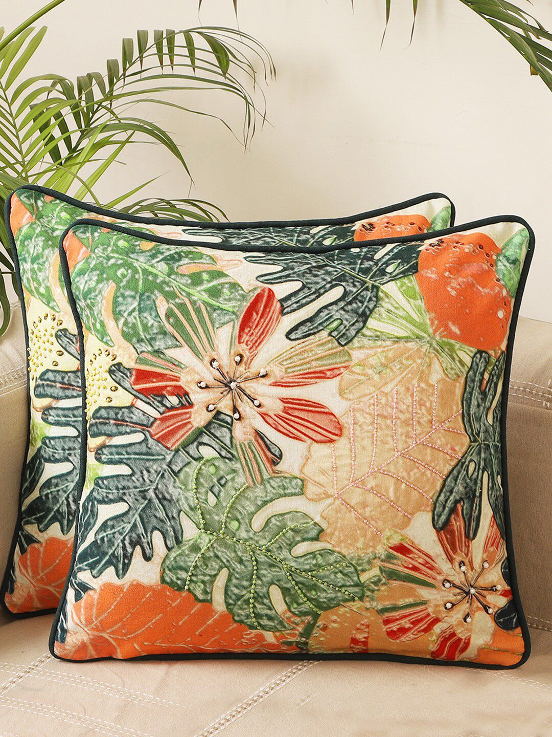 Jamio Firati Green & Orange Set of 2 Embroidered Square Cushion Covers Price in India