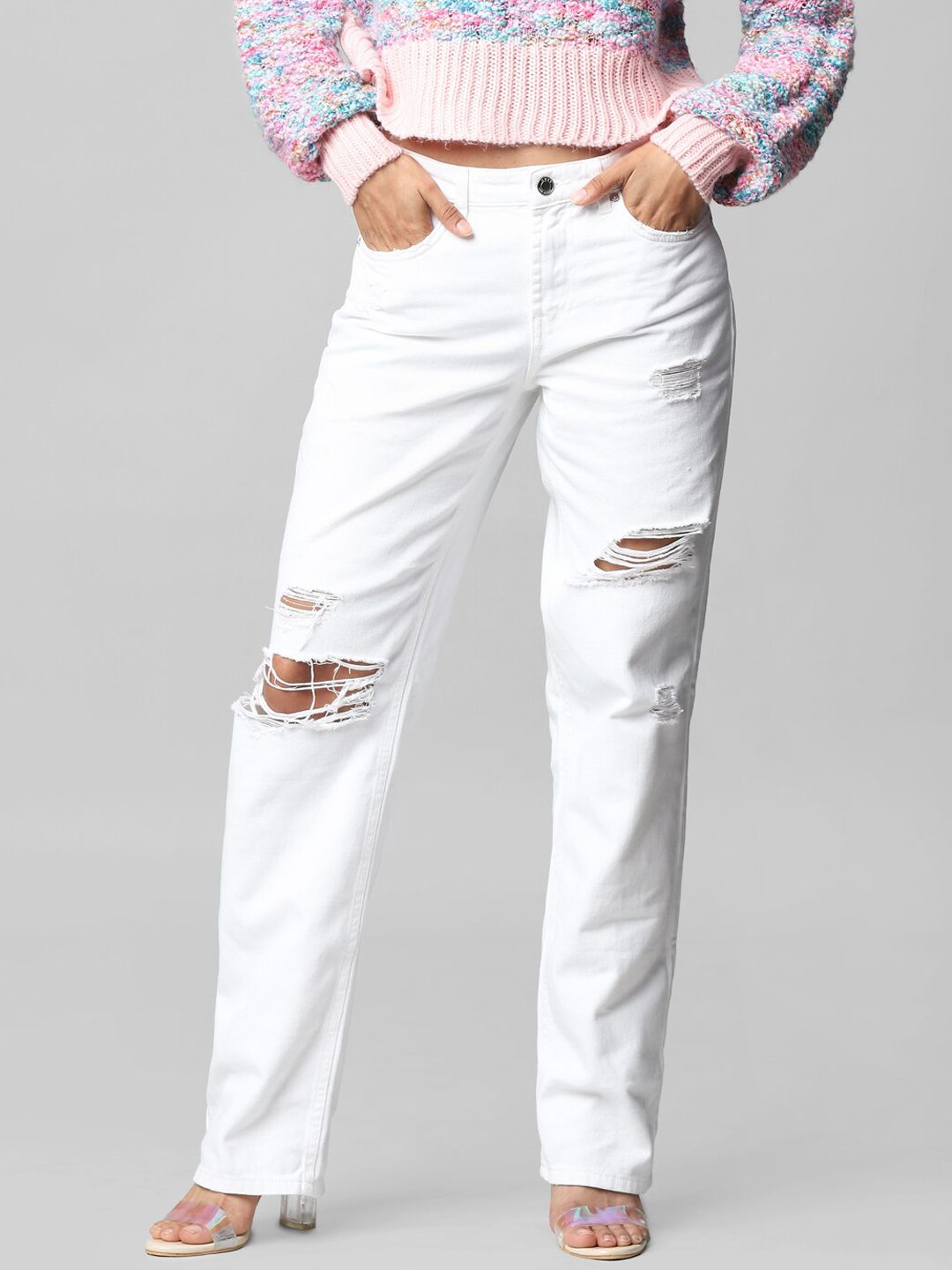 ONLY Women White Straight Fit Slash Knee Jeans Price in India