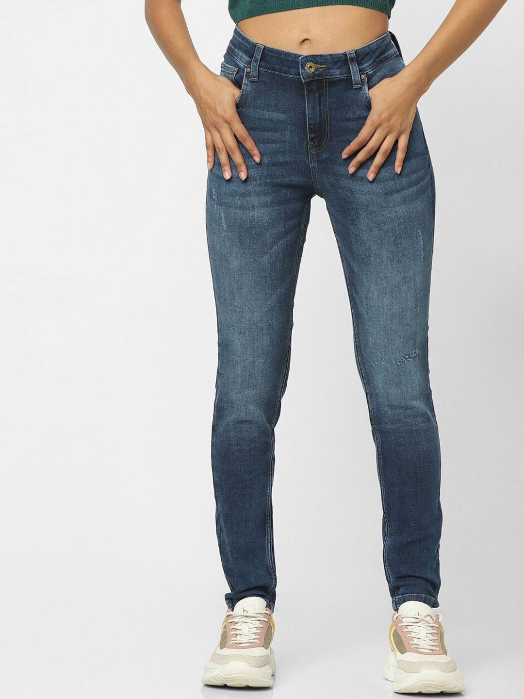 ONLY Women Blue Slim Fit High-Rise Low Distress Heavy Fade Jeans Price in India