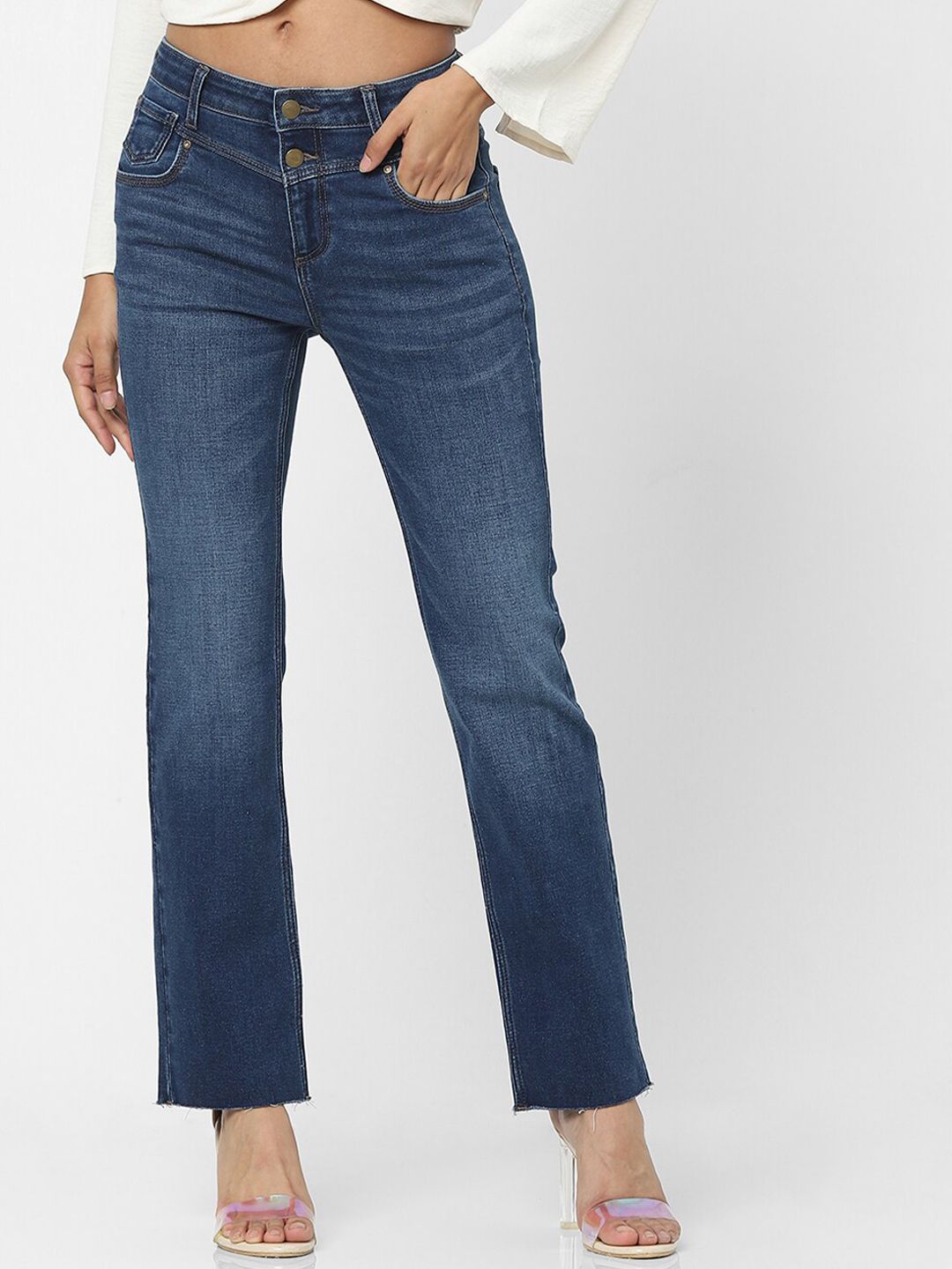 ONLY Women Blue Straight Fit High-Rise Low Distress Light Fade Jeans Price in India
