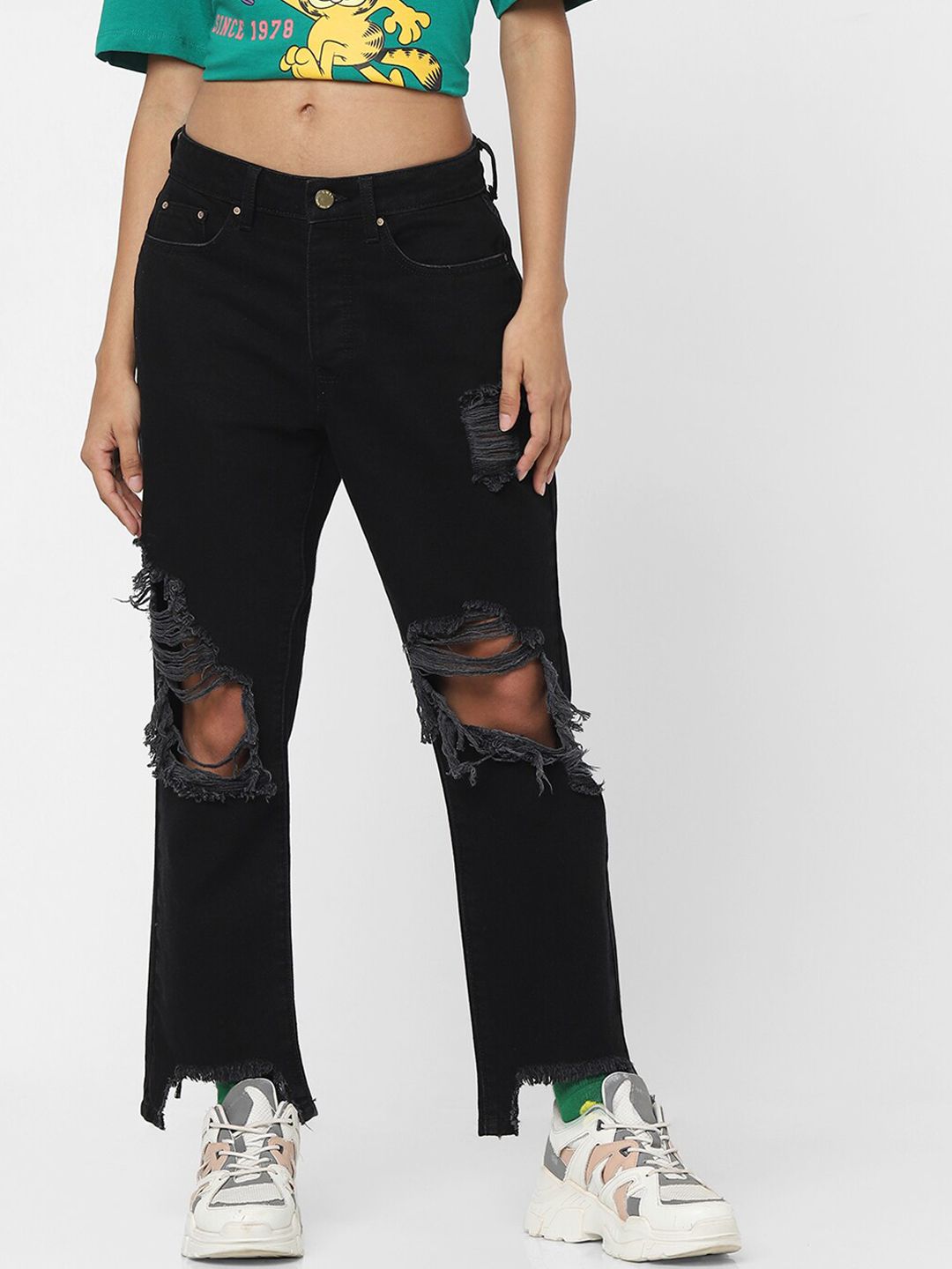 ONLY Women Black Straight Fit Low-Rise Highly Distressed Jeans Price in India