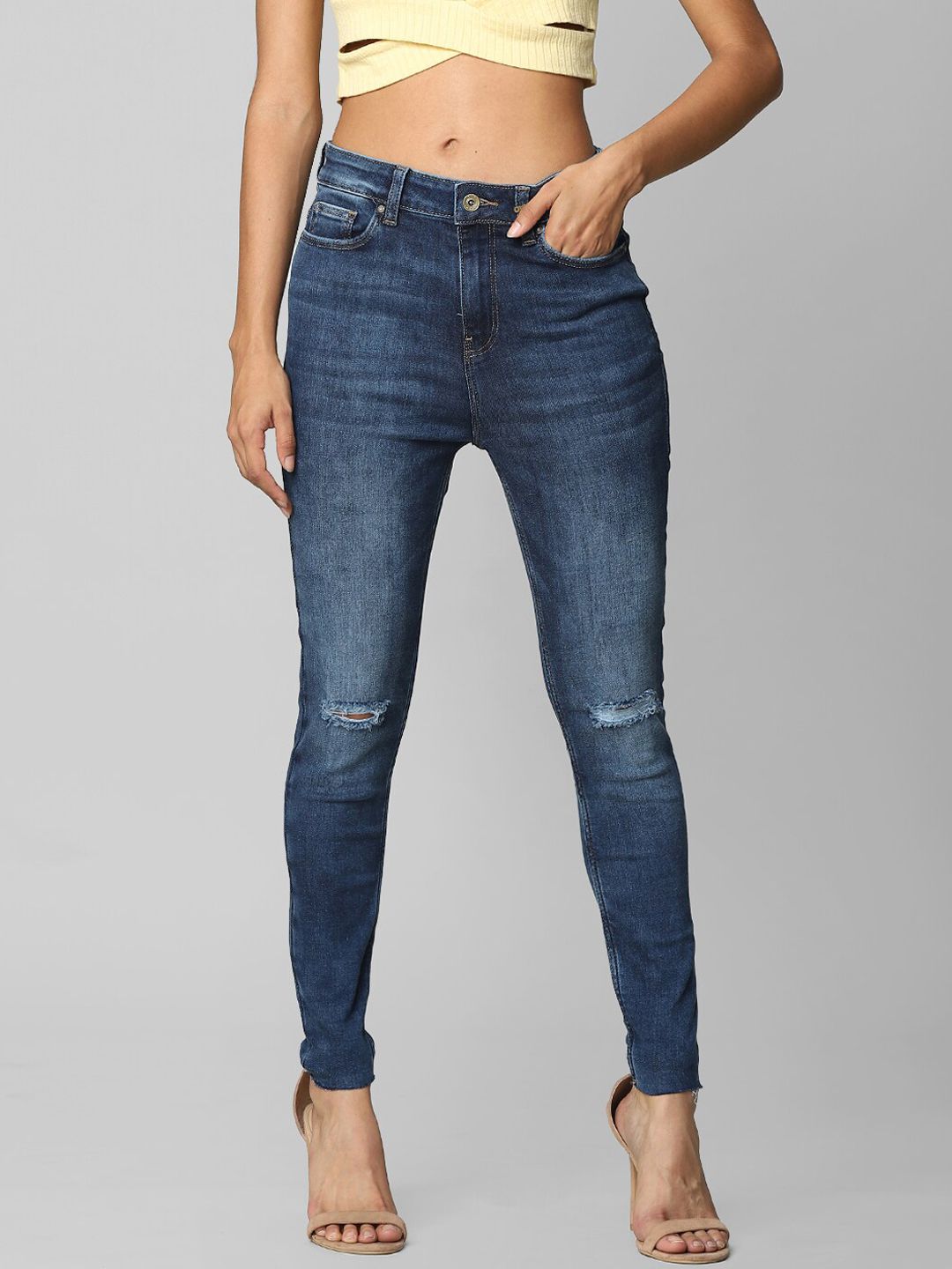ONLY Women Blue Skinny Fit High-Rise Slash Knee Jeans Price in India