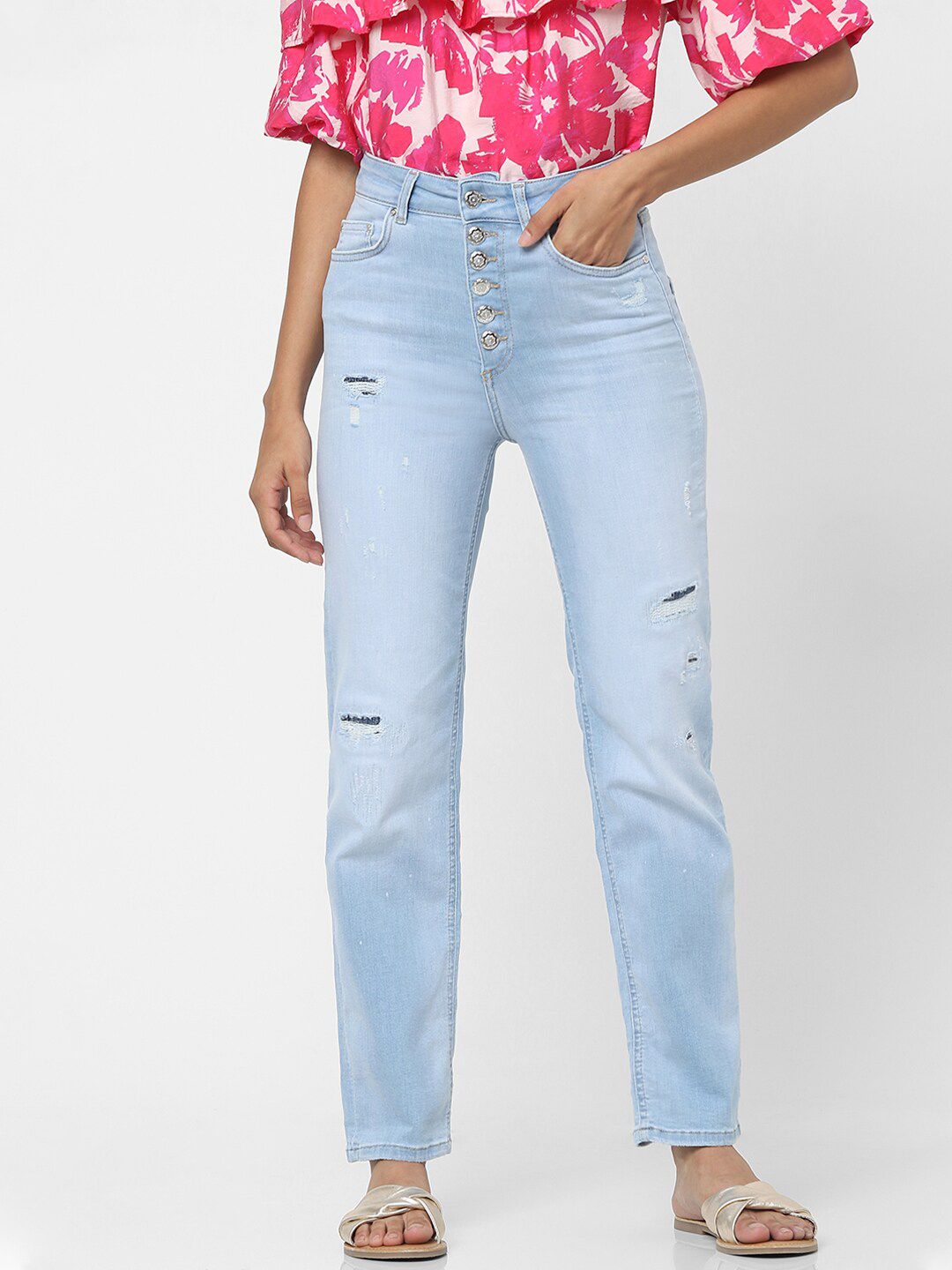 ONLY Women Blue Straight Fit High-Rise Mildly Distressed Light Fade Jeans Price in India