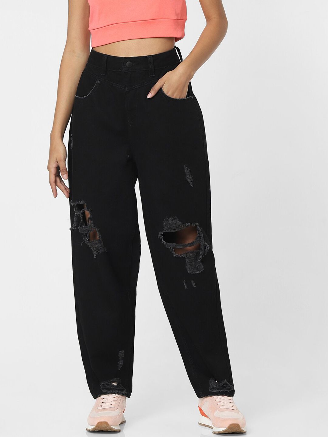ONLY Women Black Boyfriend Fit High-Rise Mildly Distressed Jeans Price in India
