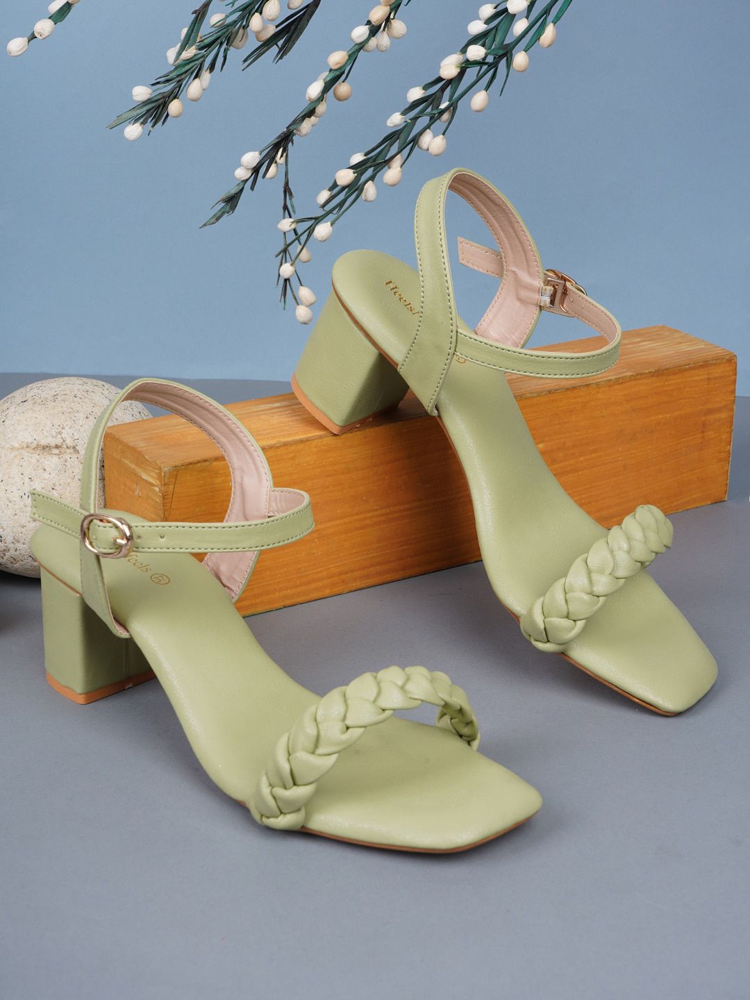 HEELSNFEELS Green Textured Party Block Pumps Price in India