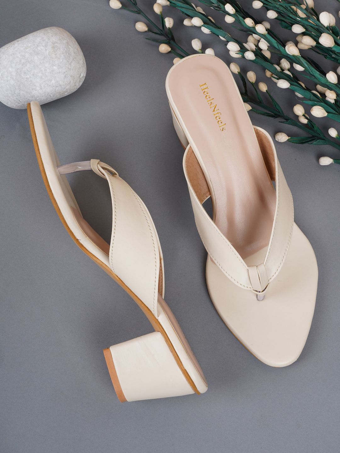 HEELSNFEELS Cream-Coloured Party Block Sandals Price in India