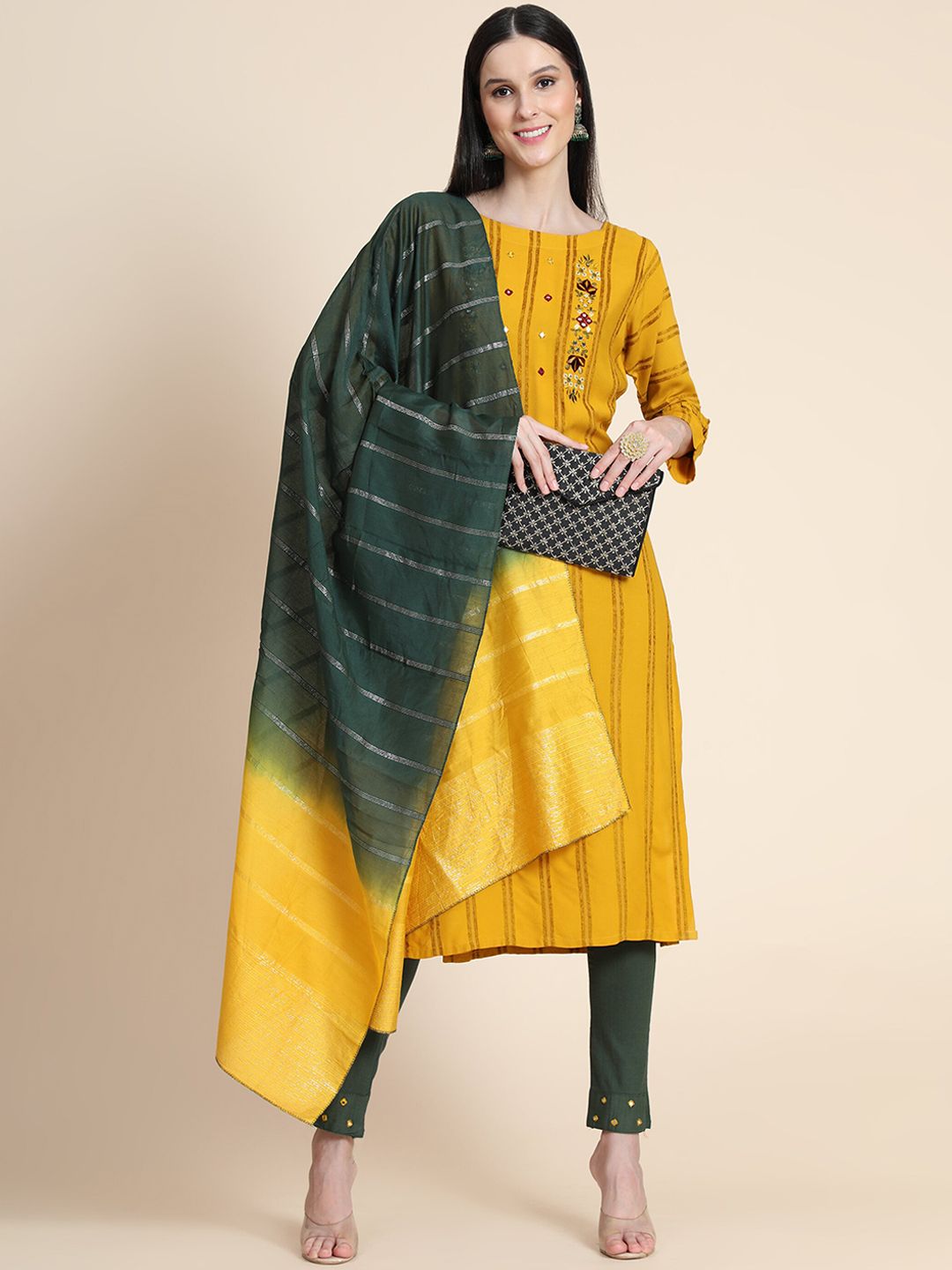 Color Trends Women Mustard Yellow Ethnic Motifs Kurta with Trousers & With Dupatta Price in India