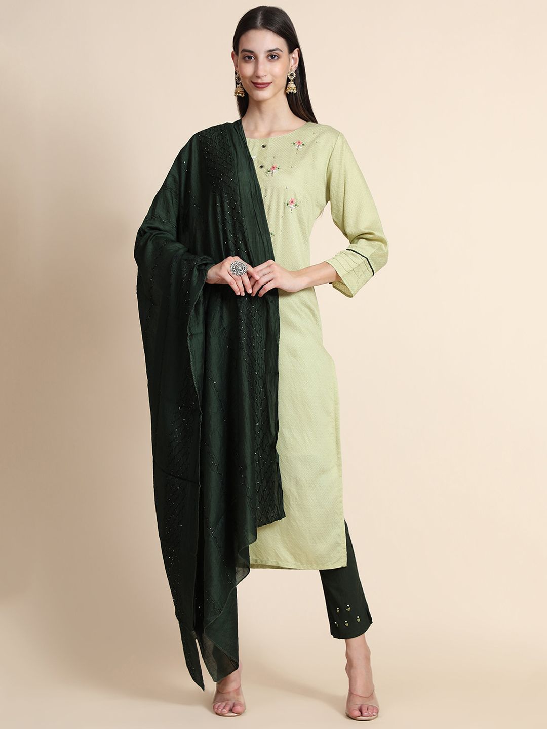Color Trends Women Lime Green Kurta with Trousers & With Dupatta Price in India
